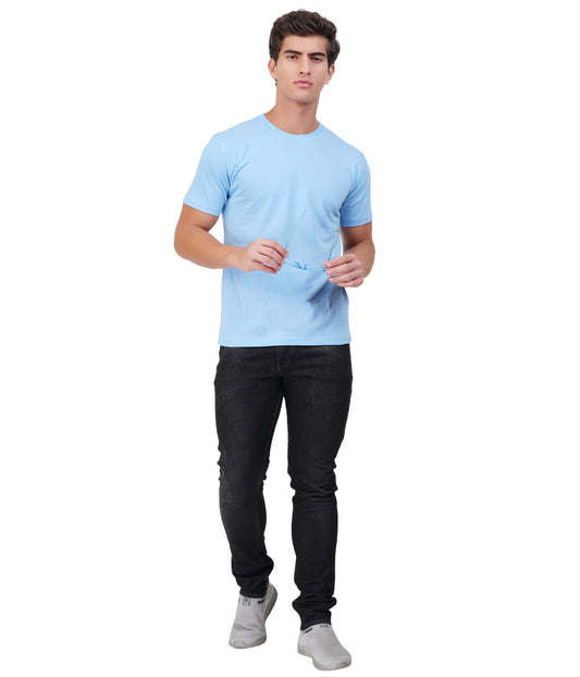 Sky Blue Round Neck T-Shirt – 100% Cotton | Men's Casual Wear